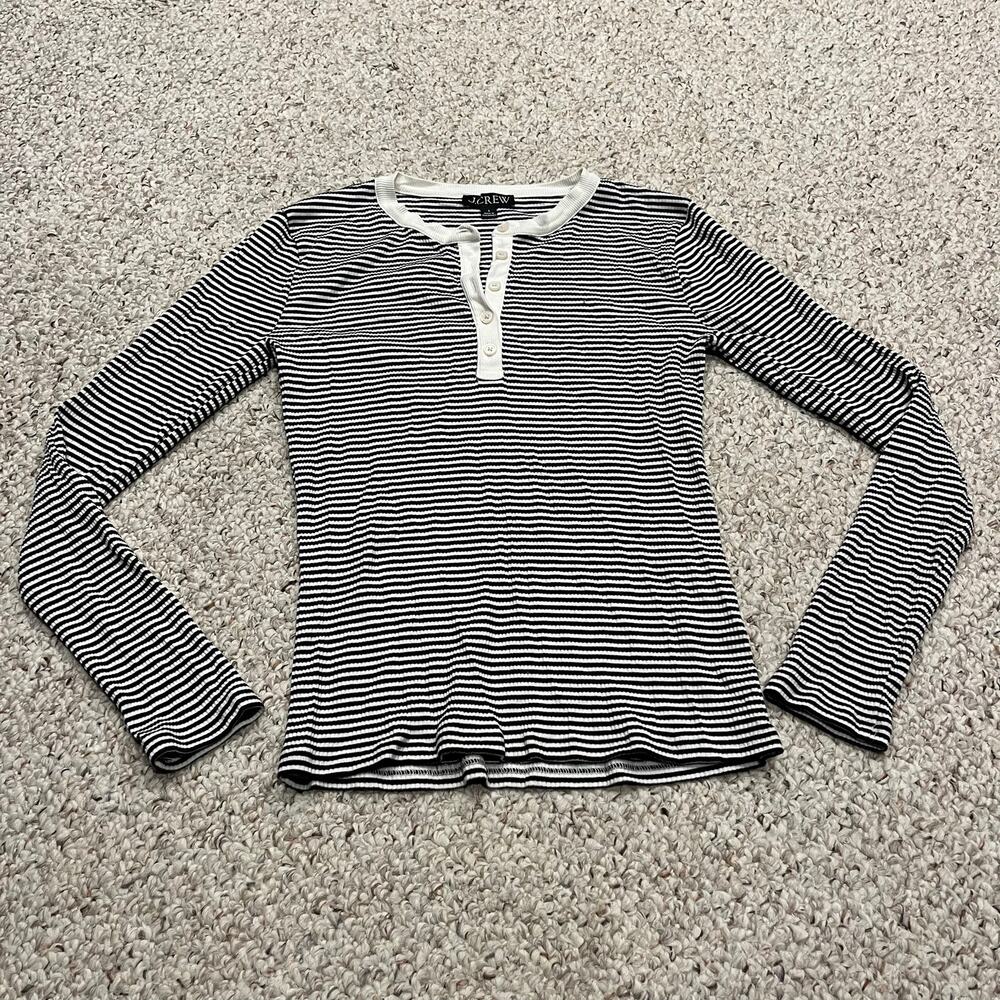 J Crew Vintage Rib Long Sleeve Henley Tee S Black White Stripe Preppy Classic